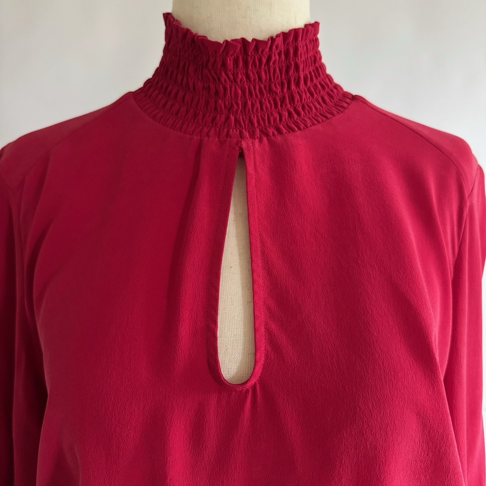 Bebe Silk Smocked Keyhole Bouse Top Med Red Mock Neck Whimsigoth Edwardian